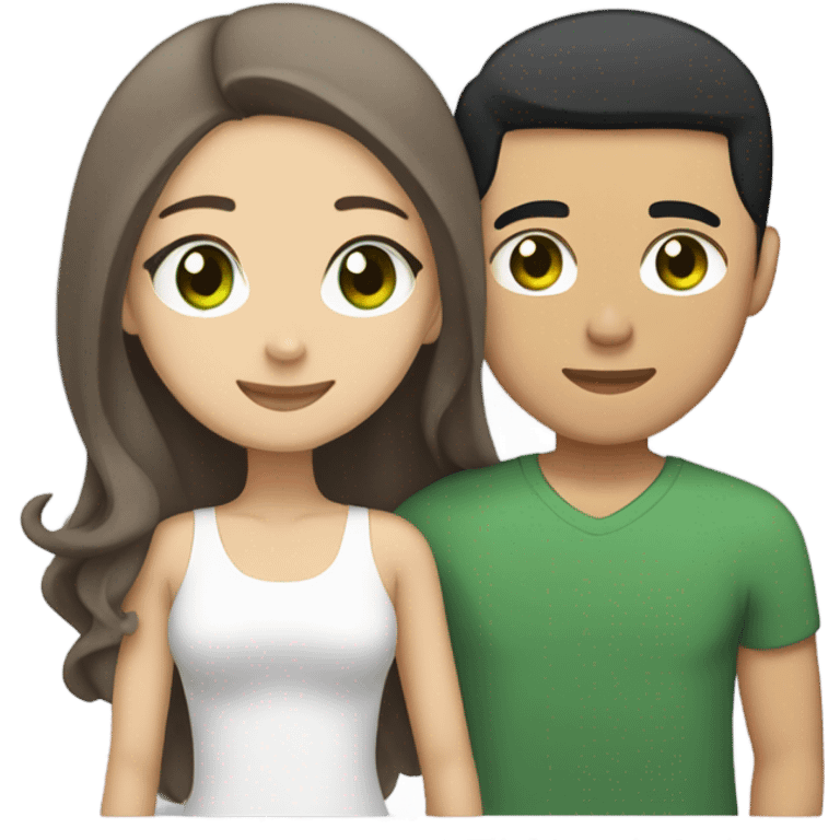 Light skin Asian male with straight black undercut hair and a white female with green eyes and long brown wavy hair tightly hugging each other  emoji