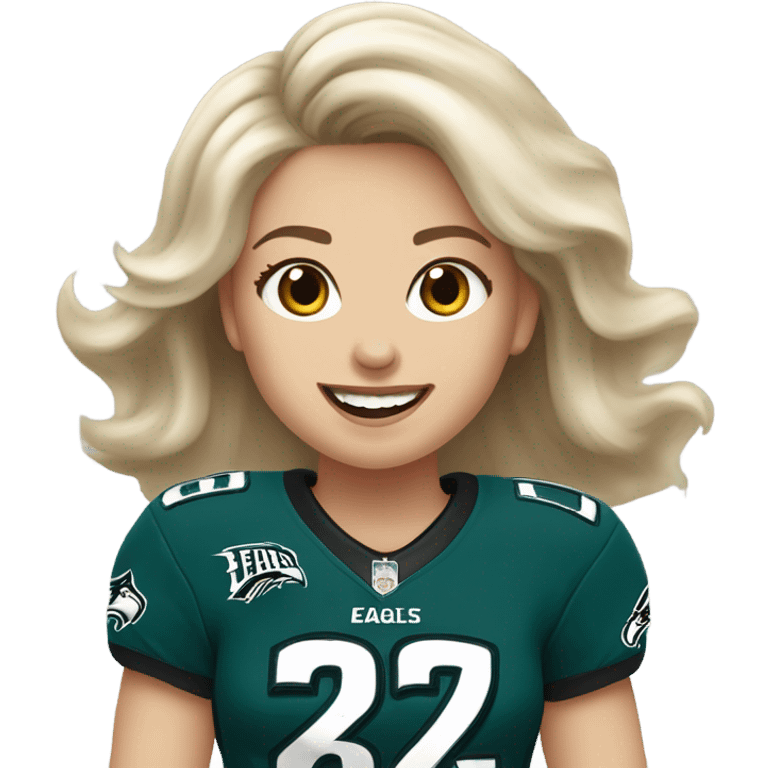 White female with light skin, medium white hair blue eyes wearing Philadelphia Eagles jersey cheering  emoji