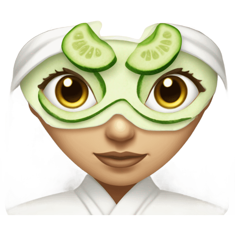 White girl with Brown hair and blue eyes wears a Green clay colored skincare textured mask and puts on cucumbers around her eyes while She relaxes in her white Robe emoji