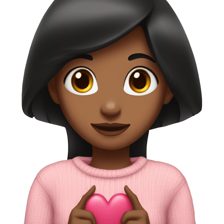 A girl with straight black hair in a pink sweater shows her heart with her hands emoji