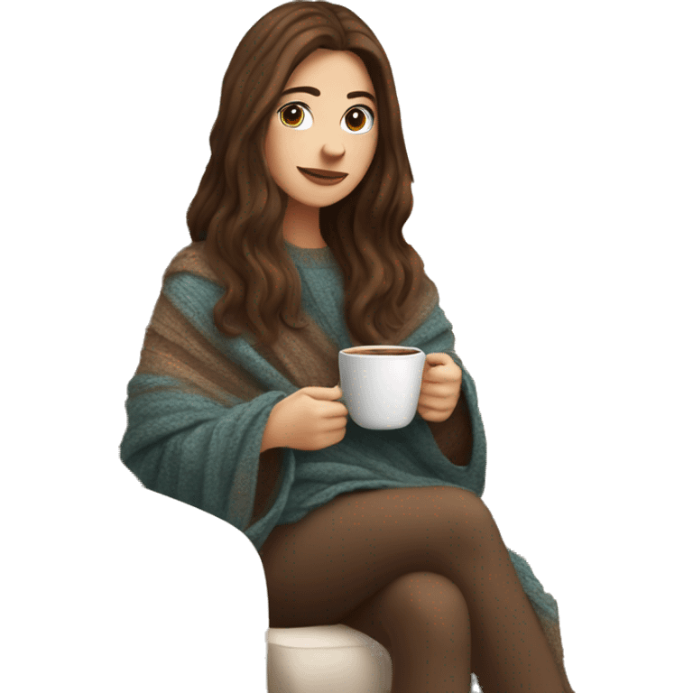 Brunette white girl covered in blanket autumn vibe wearing sweater sitting on a cozy chair holding coffee emoji