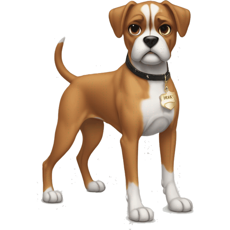 boxer dog with sharp cut ears and a name plaque in form of a bone in its collar that says MIKO emoji