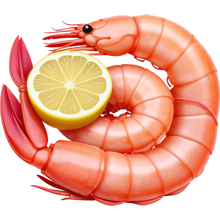 Cinematic glistening shrimp, pink and juicy, slightly curled with a light char, served with lemon wedges, ultra-detailed and fresh, warm glowing background. emoji