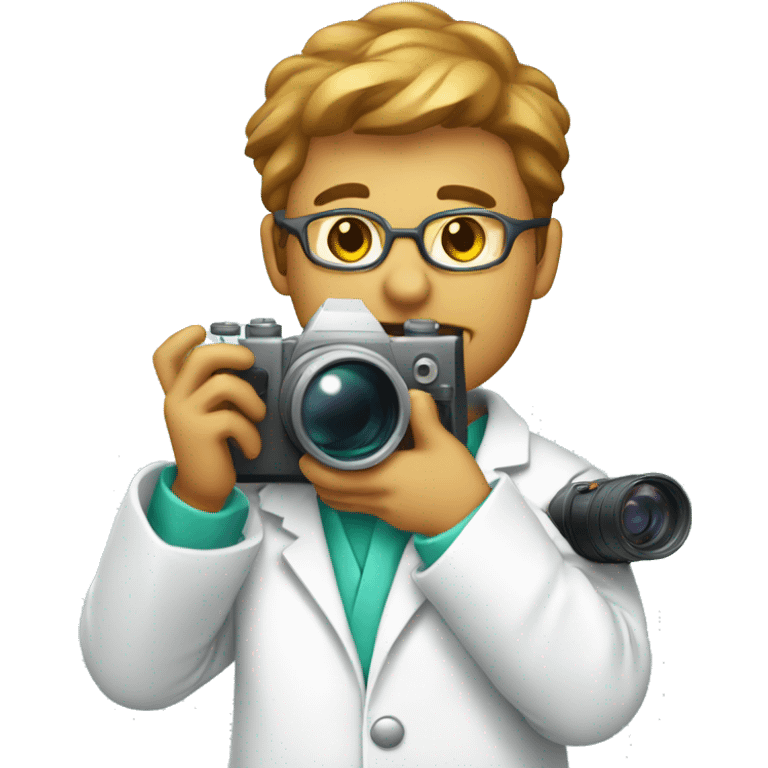 Cat Scientist taking a photo with a big camera while wearing a lab coat (he's shirt is mint color emoji