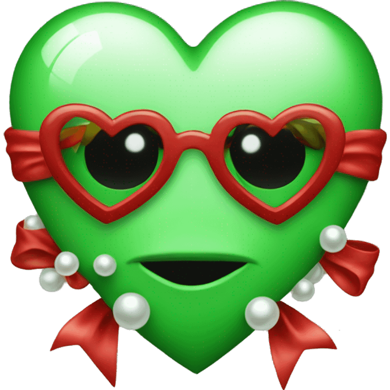 Green heart with no face with pearls and red bow   emoji