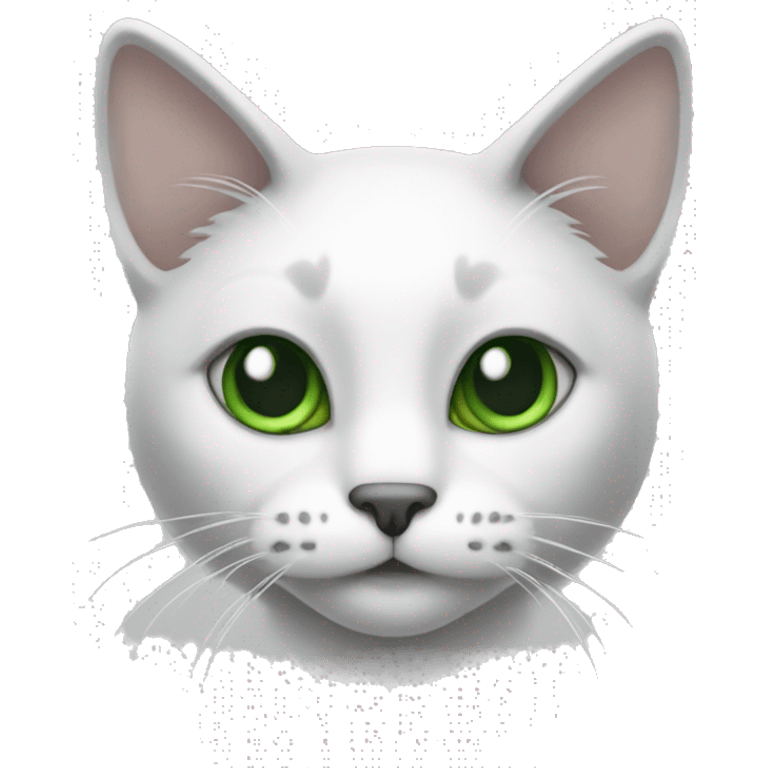 Cat with grey ears and white body in front and green eyes emoji