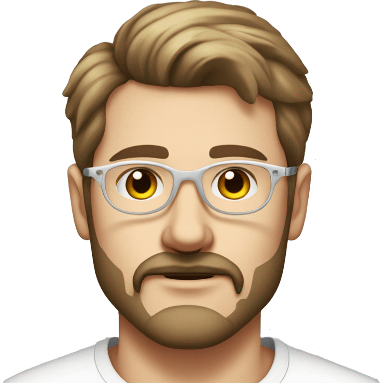 Young man with short beard, brown blond hair and a moustach, wearing a white t-shirt and transparent glasses. Hi name is nils heinemann. Only portrait. Looking frendly emoji