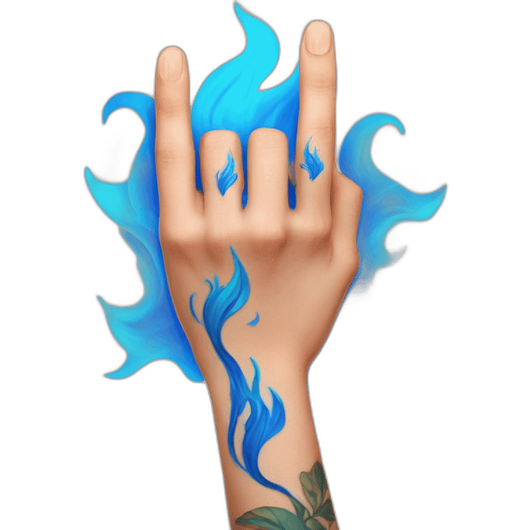 Hands up with blue flame tattoos on the forearm emoji