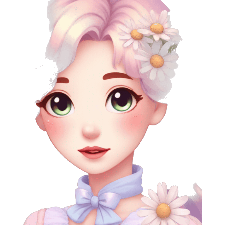 Gorgeous pastel anime style lady with blushing face and daisies cottagecore fairycore pastelcore shiny colorful pearly aesthetic trending style emoji