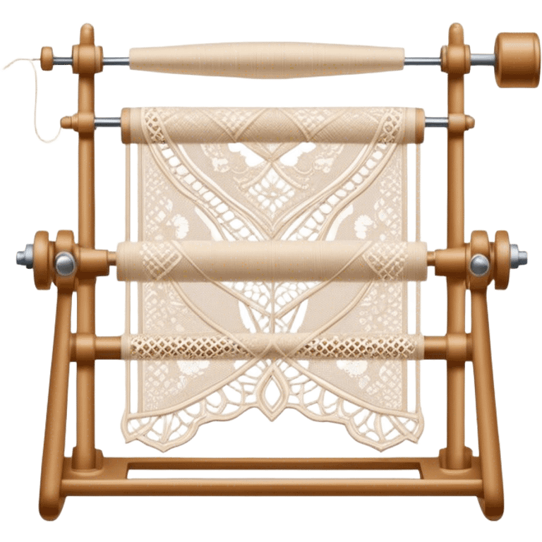 Lace making icon, lace patterns in progress, shuttle, thread, bobbins, intricate details, minimalistic style, clean lines, transparent background. emoji