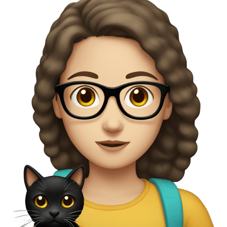 girl with brown hair and glasses holding a black cat emoji