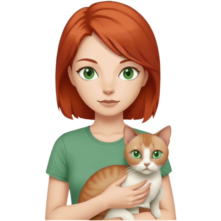 redhaired woman holding a siamese cat, greenish gray eyes, green t-shirt, layered hairstyle, 4k emoji