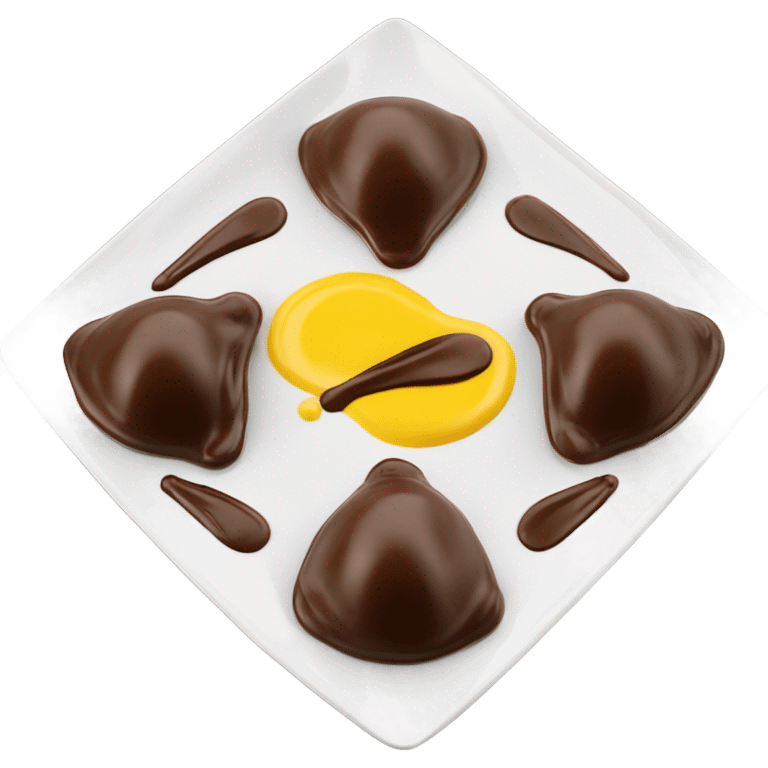 1 Chocolate quenelle and 1 vanilla quenelle on a fine dining glass plate with 3 small drops of yellow sauce as decoration emoji