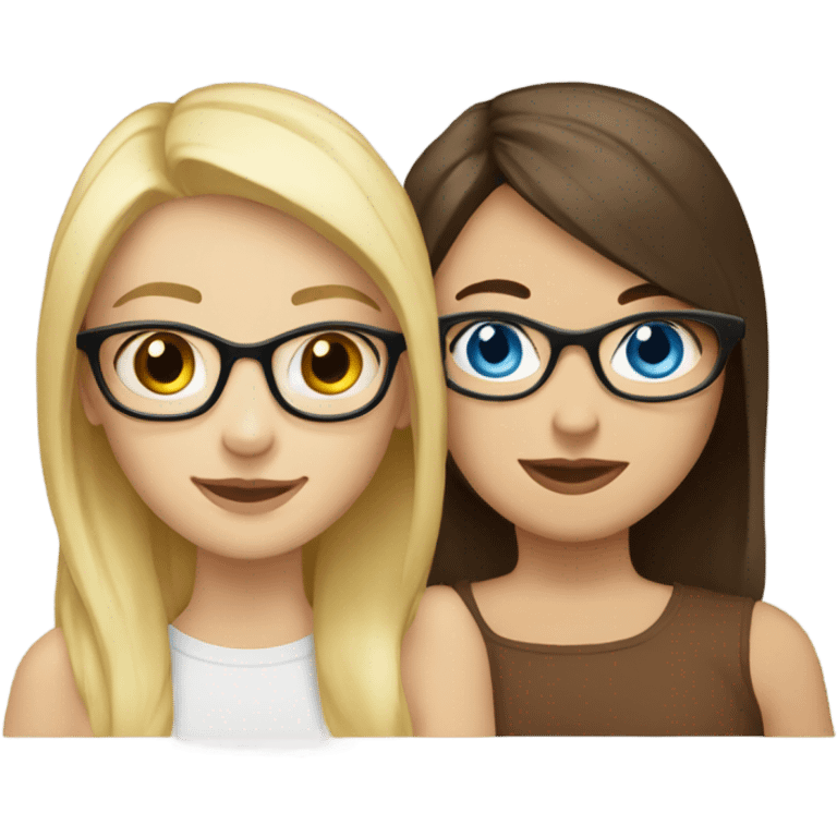 Blonde girl with blue eyes and glasses hugging brunette girl with brown eyes and no glasses both white emoji