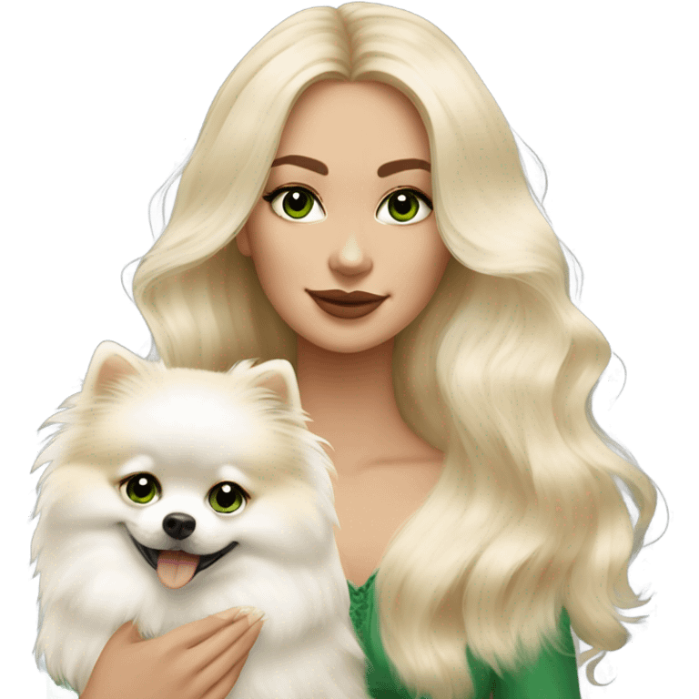 Blonde balayage long hair past shoulders woman with beautiful green eyes holding a white fluffy Pomeranian  emoji