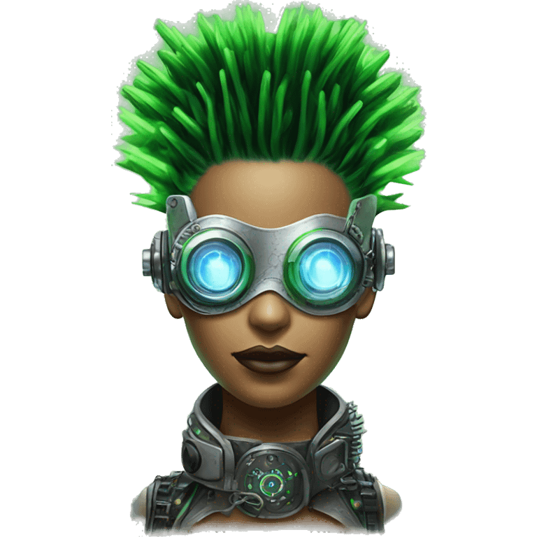 Neon green Mohawk hair female cyborg head with silver steampunk goggles and circuits emoji