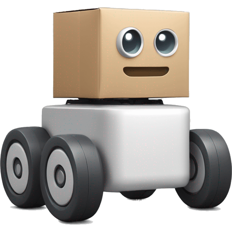 solid horizontal rectangle gray delivery robot with white circle white led eyes and opening lid on 4 wheels with food, minimalistic design emoji