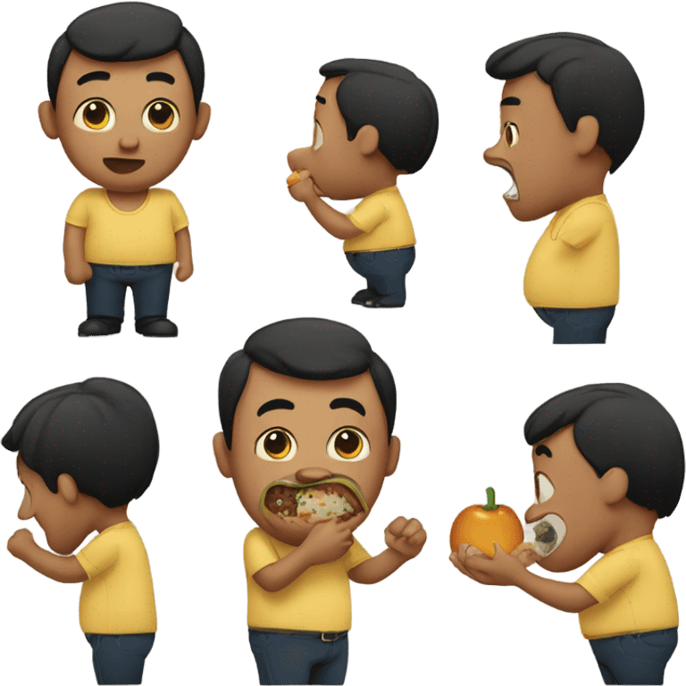 Big belly man with short side part black hair putting stuff in mouth emoji