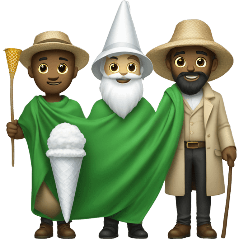 Guy with a green blanket, a white barbe with a butterfly catcher and a white cone-shaped hat emoji