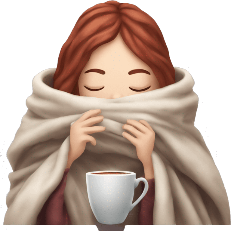 pale burgundy haired girl inside a blanket sipping coffee eyes closed emoji