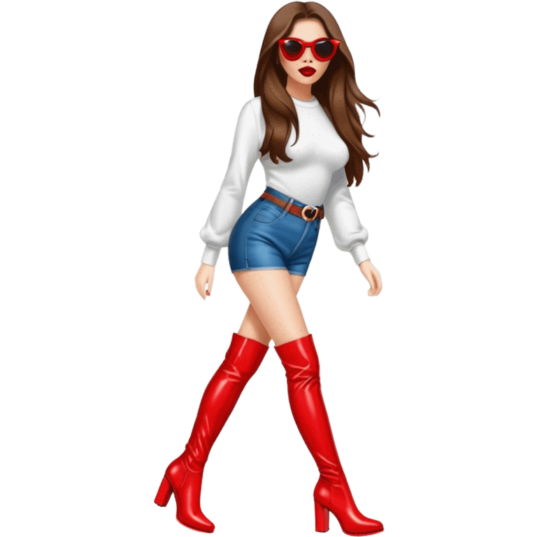 Woman with brown hair walking in thigh high red boots, wearing sunglasses and bright red lipstick  emoji