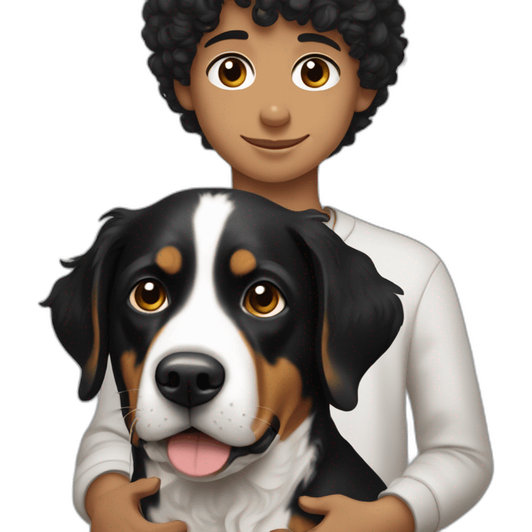 Russian Boy with curly Black Hair with dog Entlebucher zennenhund emoji