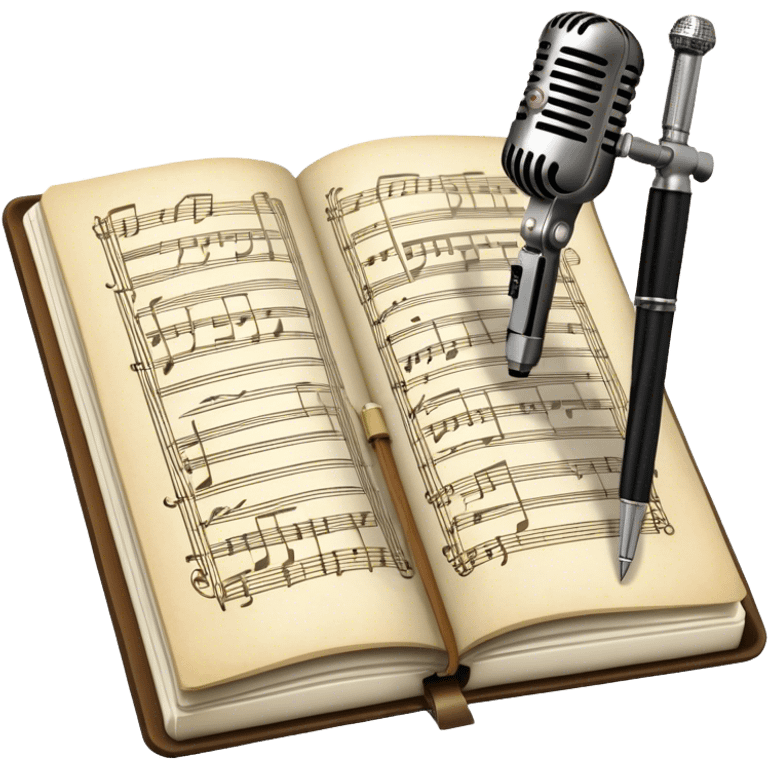 Create an emoji representing songwriting. The design should feature an open notebook or sheet music with visible lyrics between the musical notes, symbolizing the process of writing song lyrics. The text between the notes should be clearly visible. A pen or pencil should be placed near the notebook, indicating active writing. Optionally, include a single vintage microphone lying beside the notebook (not on the music notes) to add a creative touch. Use a harmonious color palette with warm and neutral tones. Do not include any emojis or smiley faces. Make the background transparent. emoji