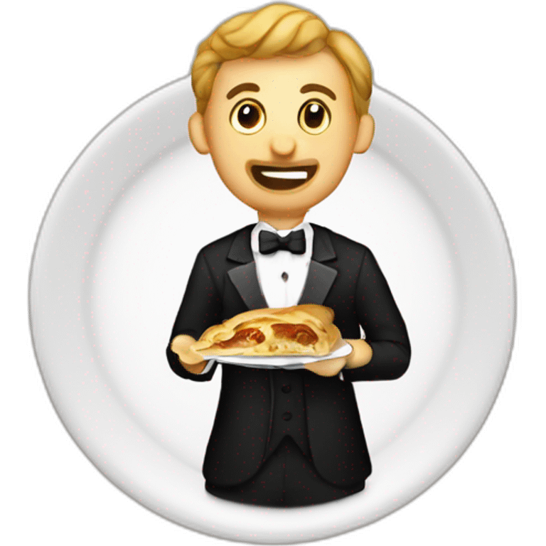 Man eating bosnian meal called Burek with fork and knife while wearing a tuxedo emoji