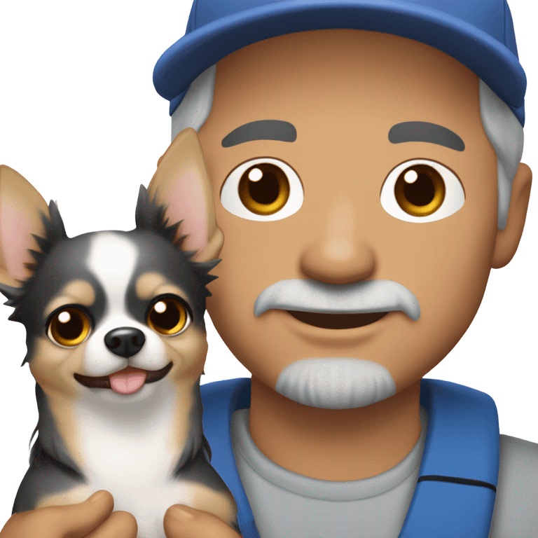 man with blue eyes gray hair and goatee wearing ball cap holding chihuahua with long black hair emoji