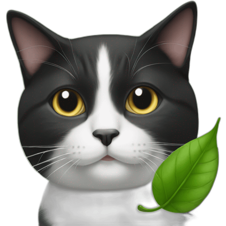 tuxedo cat with leaf on head emoji