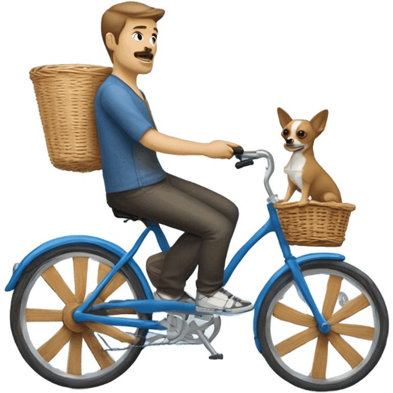 Man on blue bicycle with a baskey on back and a small chihuahua in basket emoji