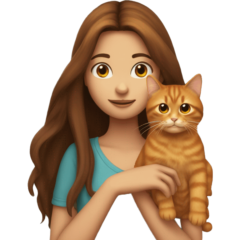 long haired brunette girl holding ginger cat emoji