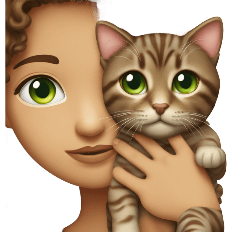 Dark brown curly haired girl with hazel eyes kissing a brown tabby cat with green eyes emoji