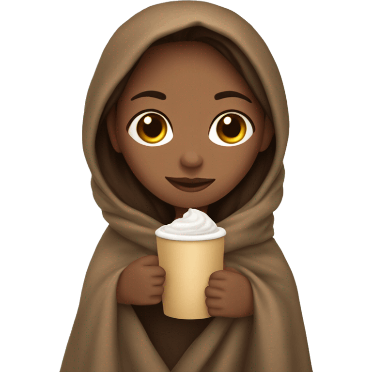 Girl with brown hair wrapped in a blanket sipping a hot chocolate  emoji