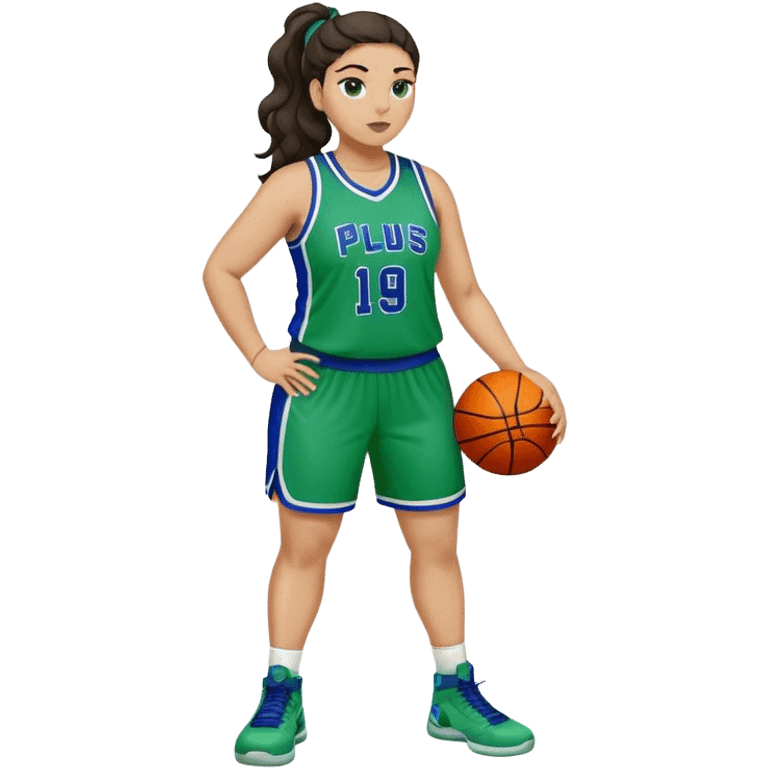 full body plus size light skin latino women basketball player with wavy dark hair in pony tail wide nose wearing blue green  uniform emoji