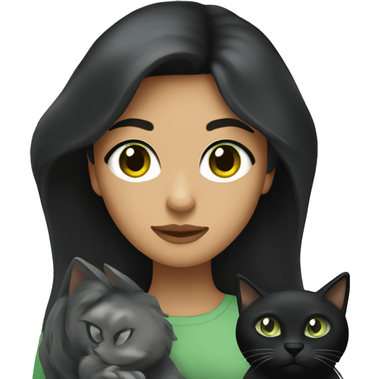 A  light Hispanic woman with  long black hair holding a Dark graycat with light green eyes emoji