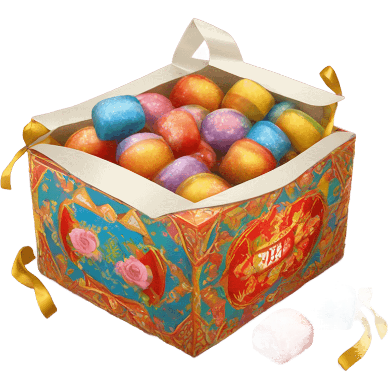 Traditional russian new year sweet gift box with handles with russian candies in wrappers for kids emoji