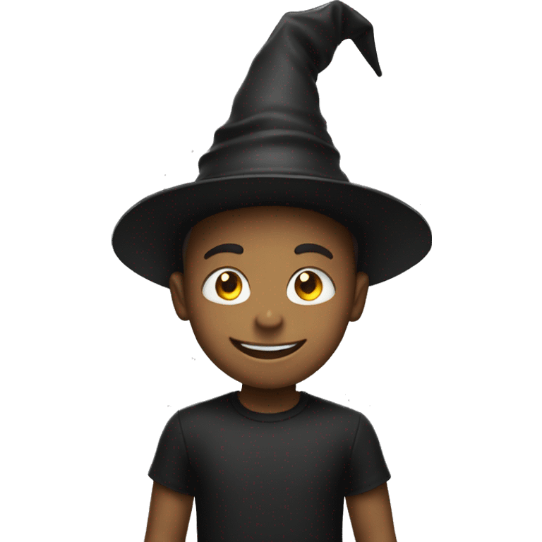 smiling boy in black shirt with wizard hat emoji