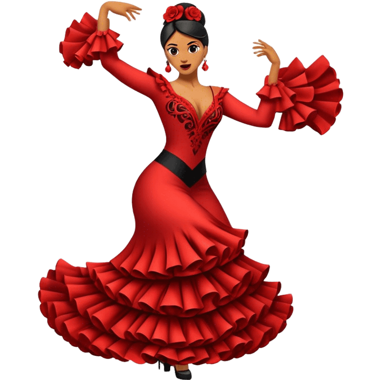 Cinematic Realistic Flamenco Dance Emoji, depicted as a passionate expressive flamenco performance with dramatic costumes and dynamic fiery movements, rendered with vibrant textures and bold energetic lighting that captures its intense rhythm. emoji