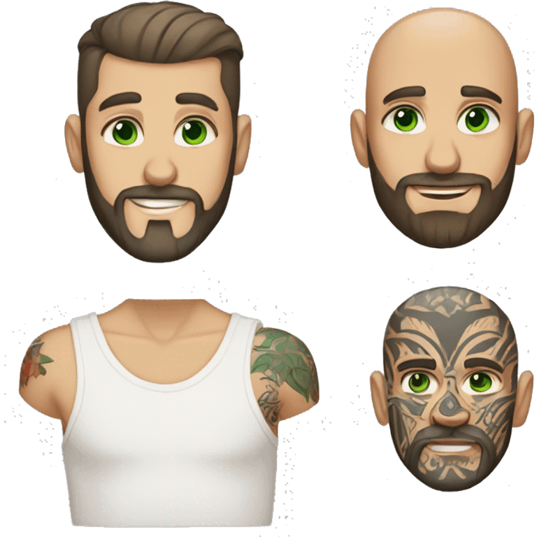 male, fair skin, bald, green eyes, beard and arm tattoos emoji