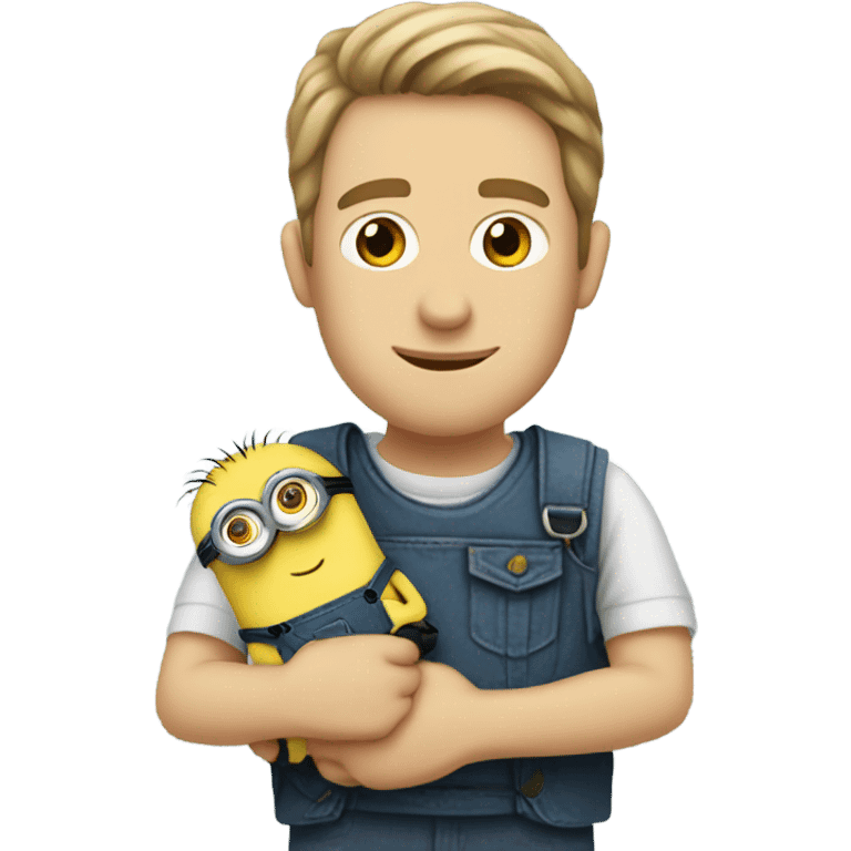 white male, brown eyes holding between his arms a minion with green eyes emoji