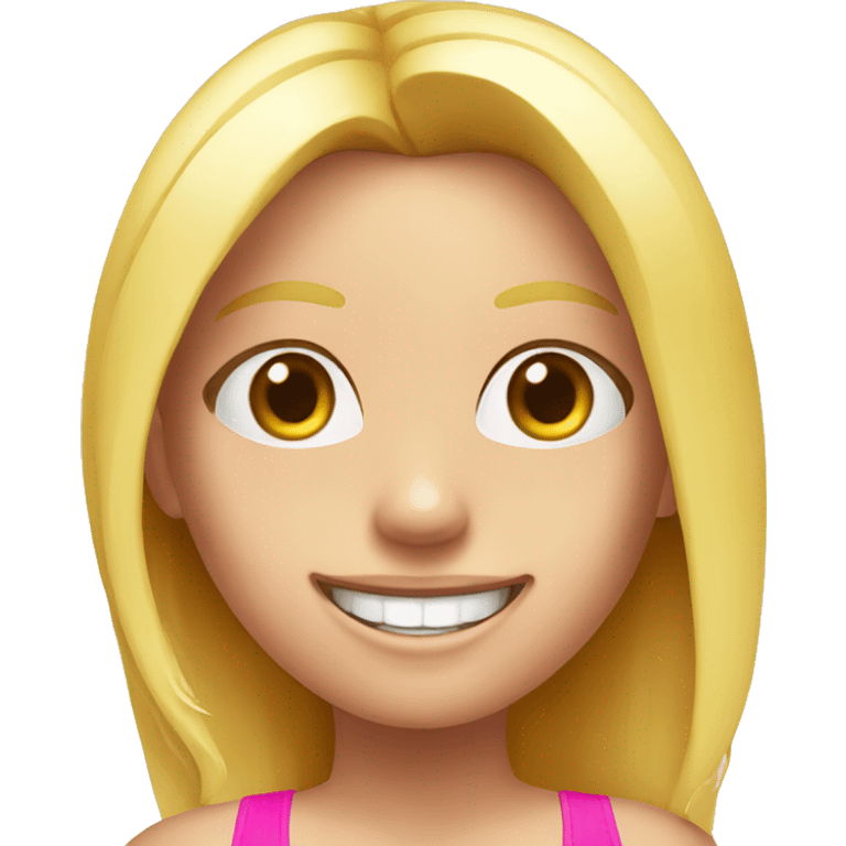 blonde girl in pink swimsuit have a great tan and white tooth  emoji