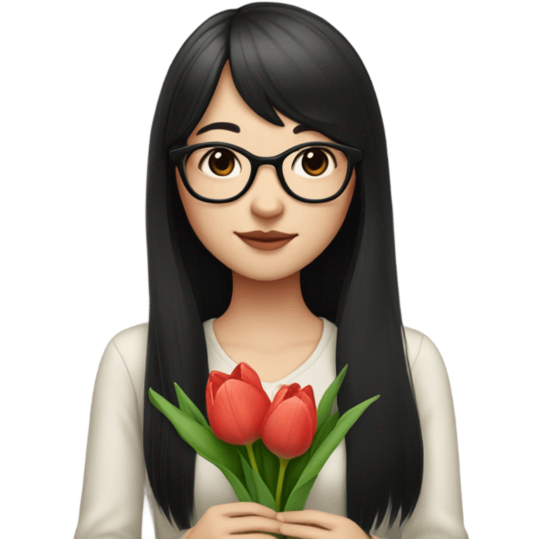 asian pale skin girl with long black hair and bangs and glasses holding tulips emoji