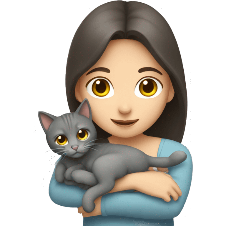 Brunette girl hugging gray cat emoji