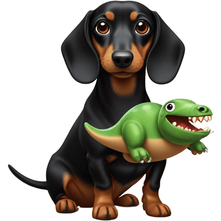 Black and tan dachshund with a small Dino toy in its mouth emoji