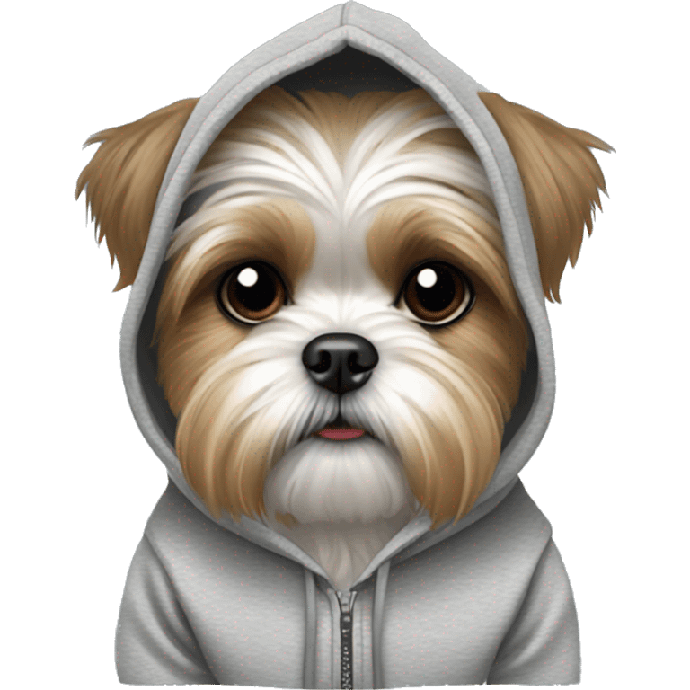 A shih tzu/ Yorkie mix wearing a hoodie emoji