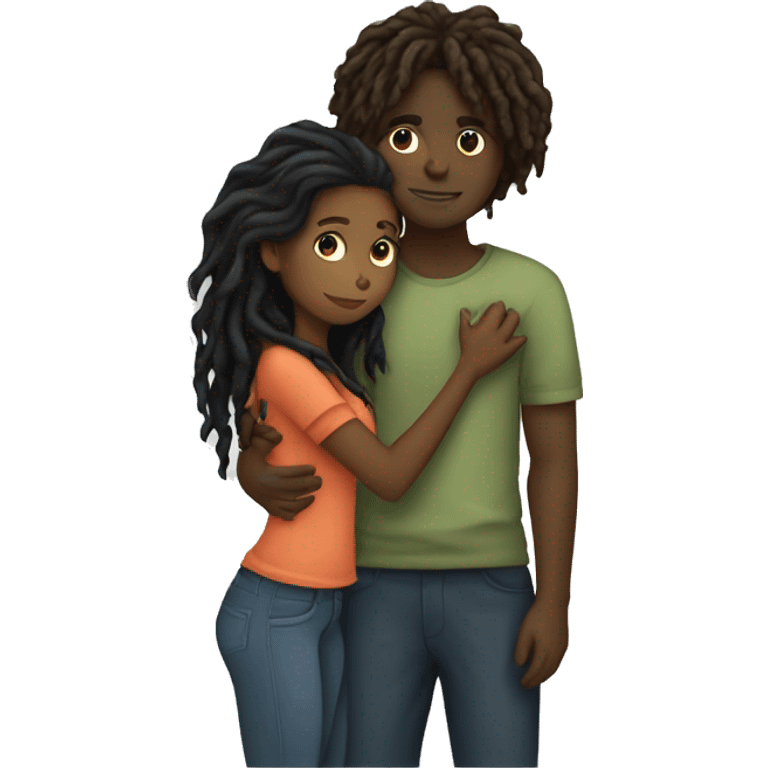 Brown girl with wavy hair hugging black boy who has dreads  emoji