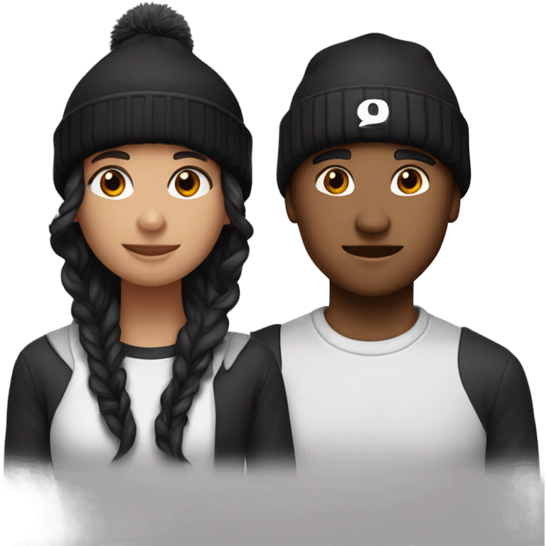 2 best friend, one of them is brown wavy hair in black winter cap, and the othet one is black straight hair with black winter cap emoji