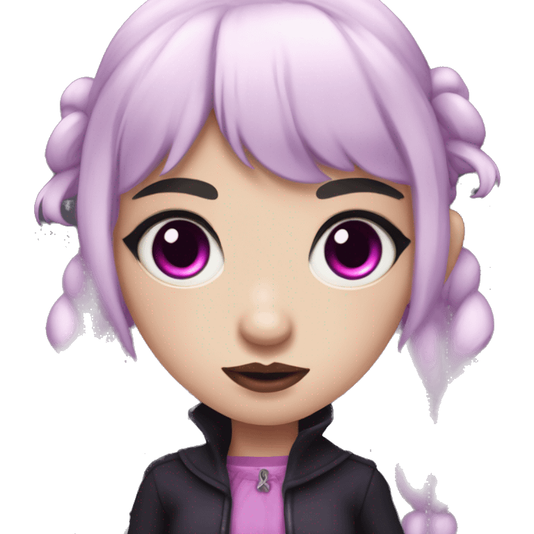 teenage vampire girl with pale pink skin, purple eyes, black hair with pink streaks, pigtails with bangs emoji