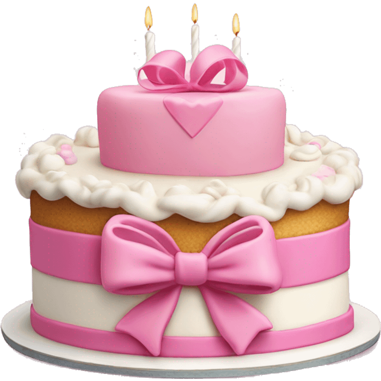 Heart shaped birthday cake with a huge pink bow and white vintage frosting  emoji